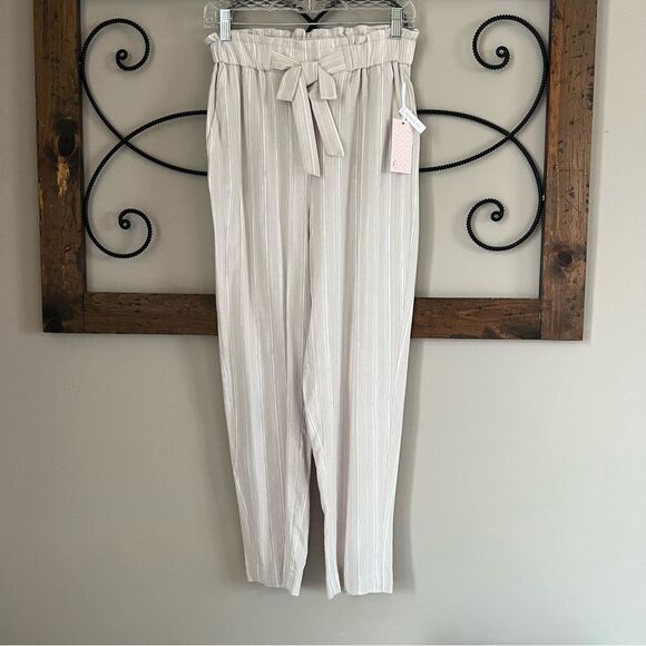 Candies Y2k 00's Paper Bag Belted Tie Waist Pants Tan Ivory Stripe Size Small - Picture 1 of 14